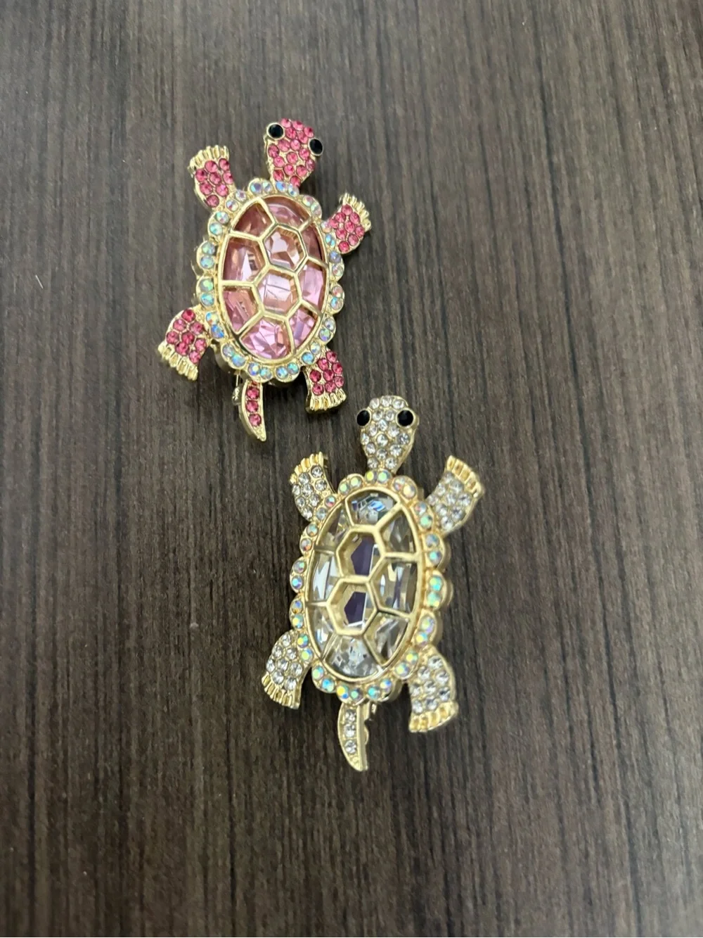 2 Rhinestone Turtle Brooches - Pink & Gold